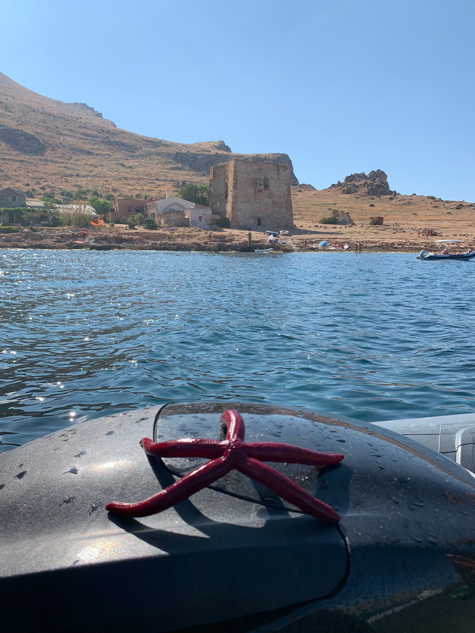 Stella marina rossa e torre antica
